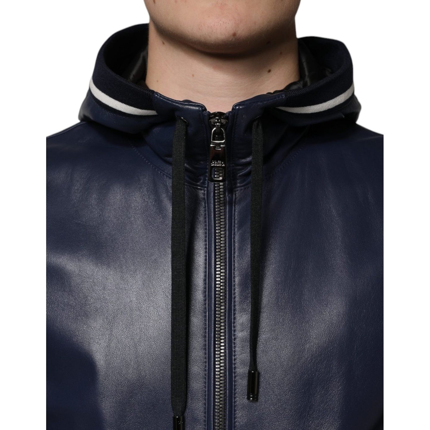 Dolce & Gabbana Blue Leather Full Zip Hooded Bomber Jacket JKT3902-46