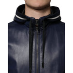 Dolce & Gabbana Blue Leather Full Zip Hooded Bomber Jacket JKT3902-46