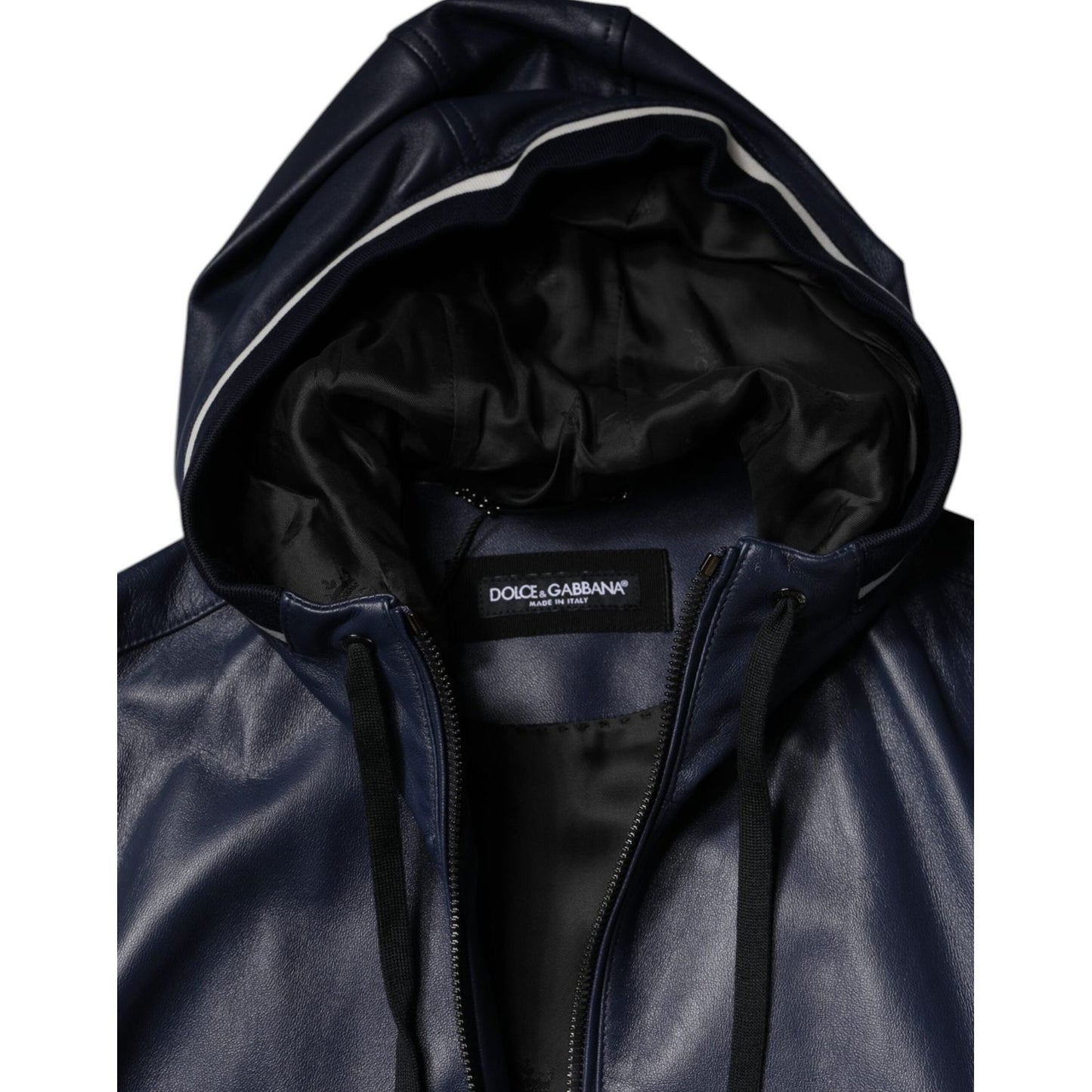 Dolce & Gabbana Blue Leather Full Zip Hooded Bomber Jacket JKT3902-46