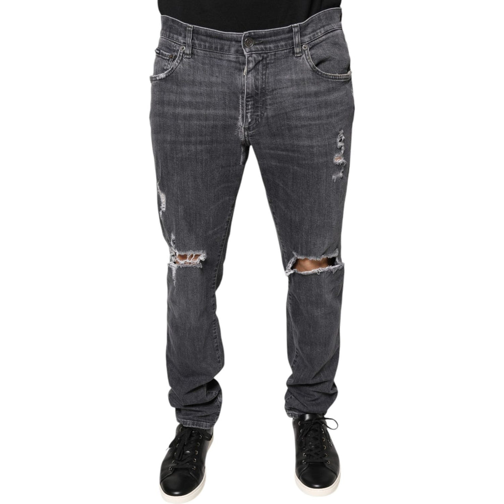 Dolce & Gabbana Dark Gray Tattered Cotton Skinny Denim Jeans PAN75585-50