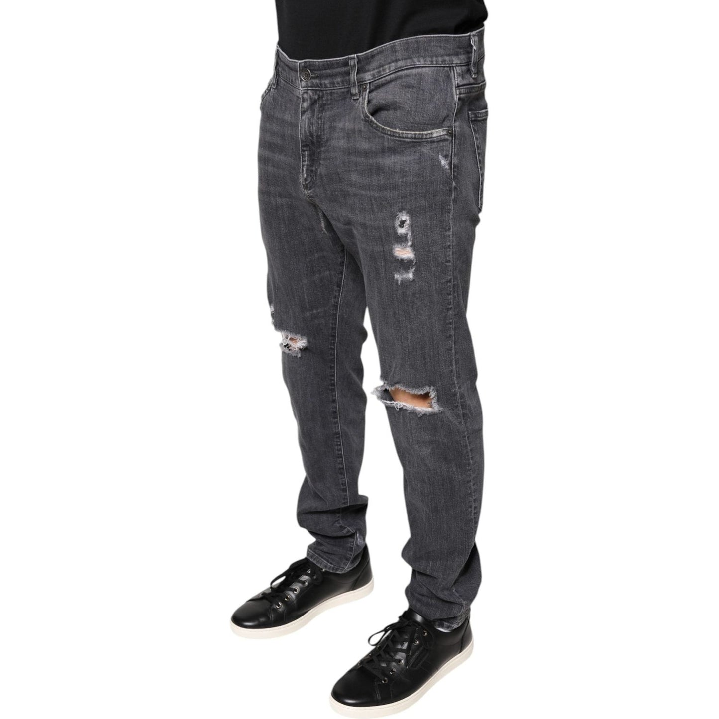 Dolce & Gabbana Dark Gray Tattered Cotton Skinny Denim Jeans PAN75585-50