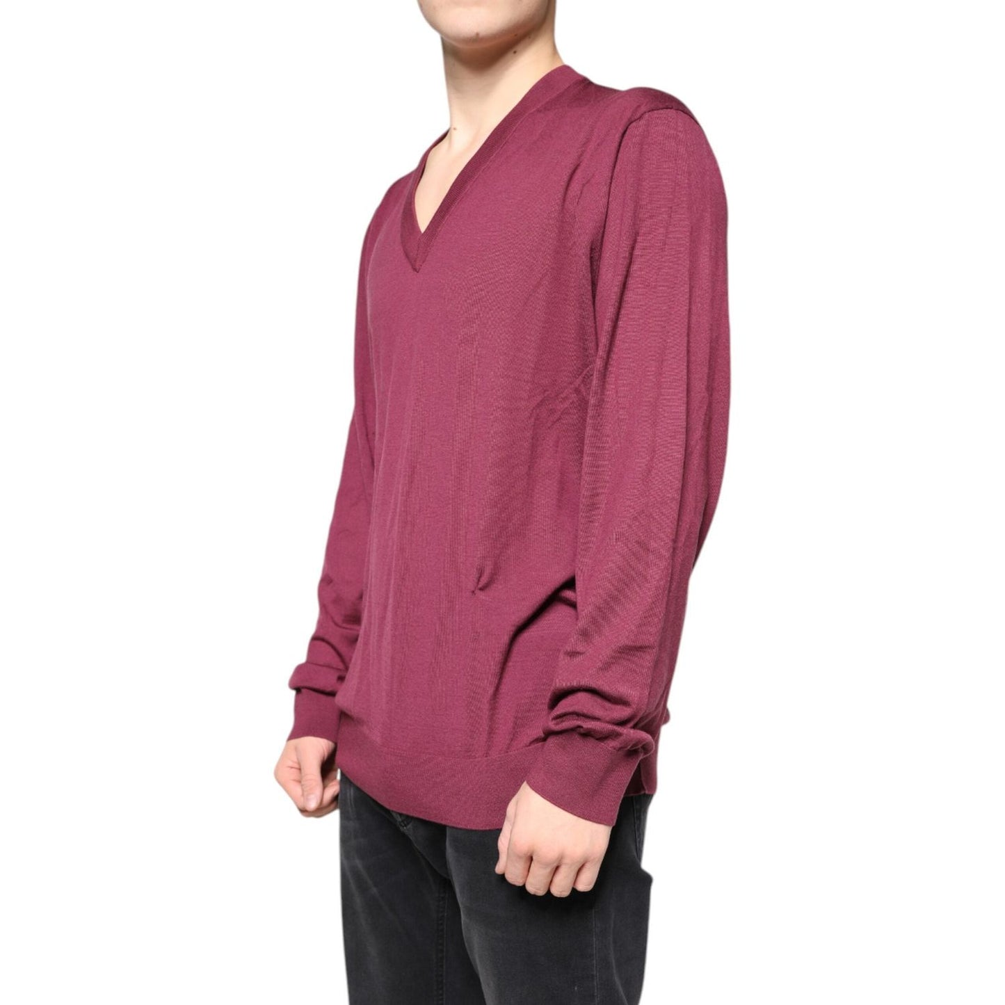 Dolce & Gabbana Maroon Cashmere V-neck Men Pullover Sweater TSH87068-54