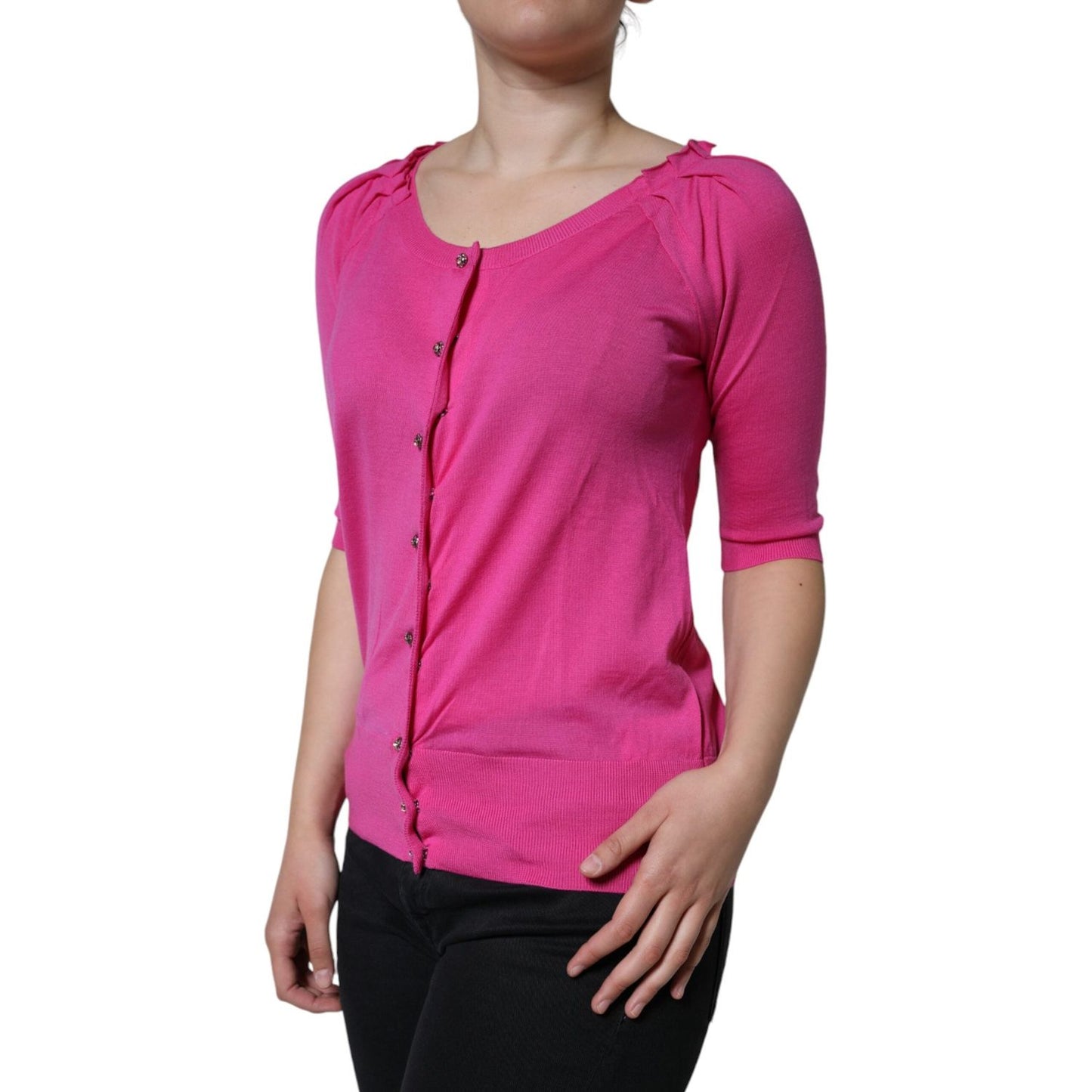 Dolce & Gabbana Pink Wool Button Down Short Sleeve Blouse Top TSH86576-40
