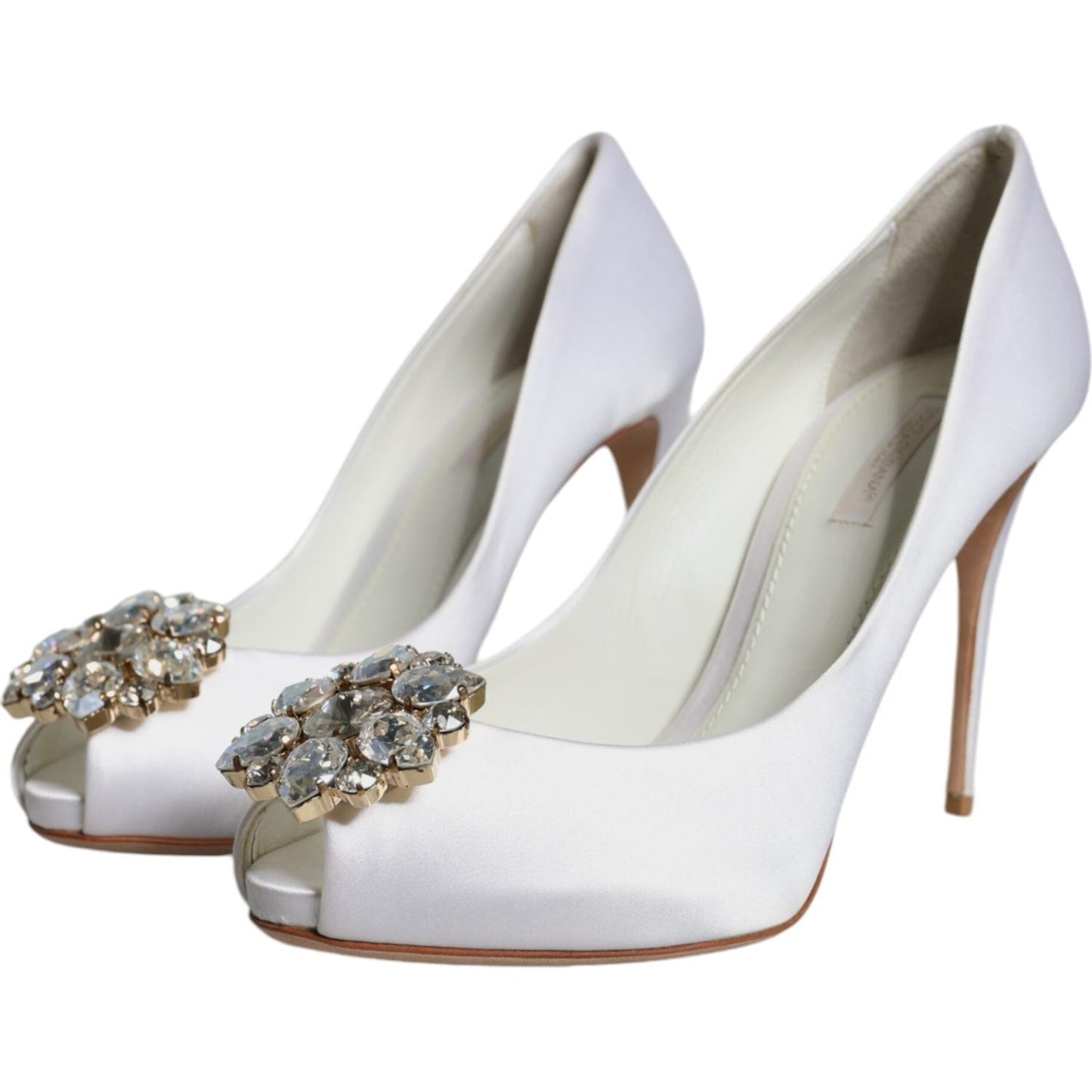 Dolce & Gabbana White Crystals Peep Toe Satin Pumps Shoes LA11804-38.5