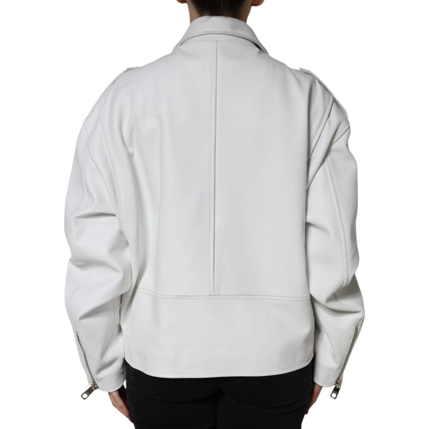 Dolce & Gabbana White Lambskin Leather Biker Coat Jacket JKT4090-40