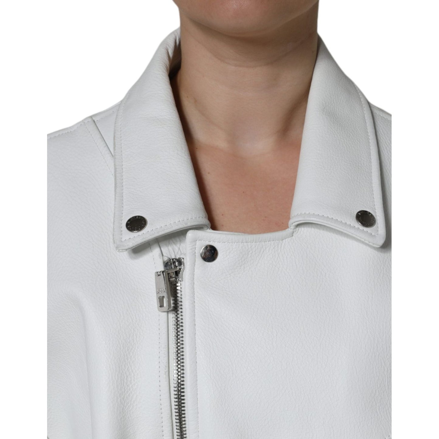 Dolce & Gabbana White Lambskin Leather Biker Coat Jacket JKT4090-40