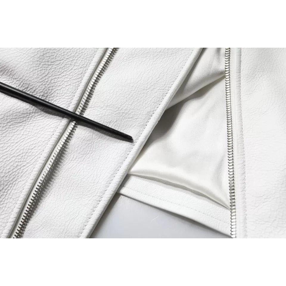 Dolce & Gabbana White Lambskin Leather Biker Coat Jacket JKT4090-40