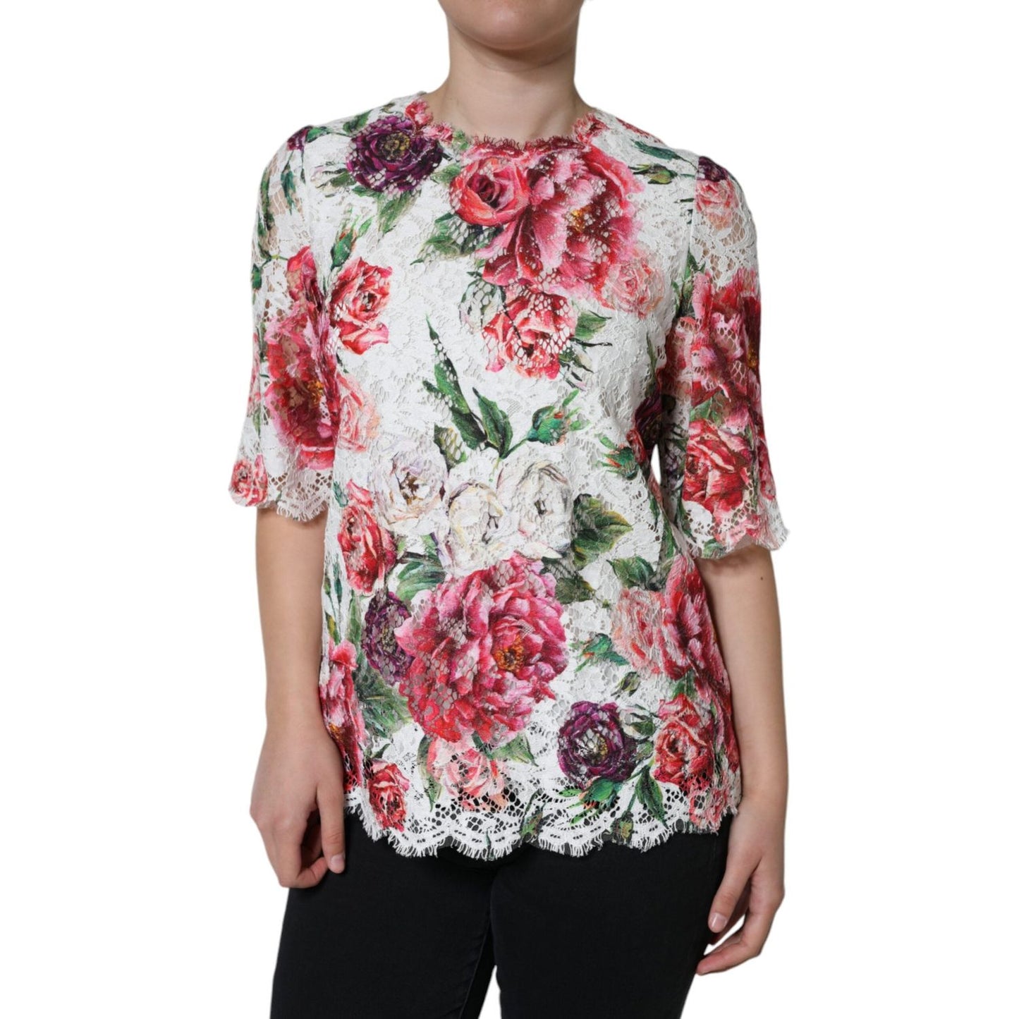 Dolce & Gabbana White Peony Lace Short Sleeves Blouse Top TSH86567-36