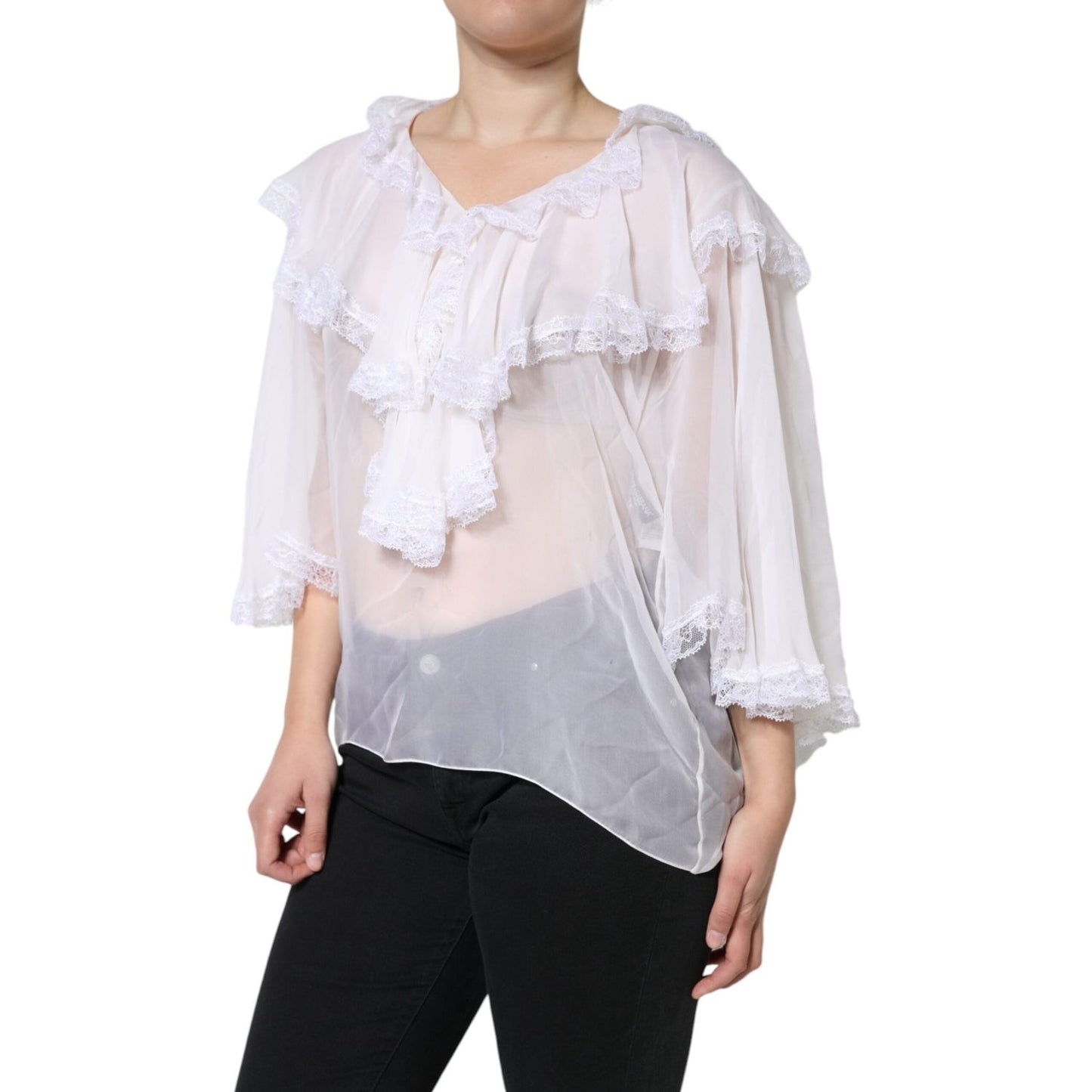 Dolce & Gabbana White Ruffles Lace Long Sleeve Blouse Top TSH86561-44