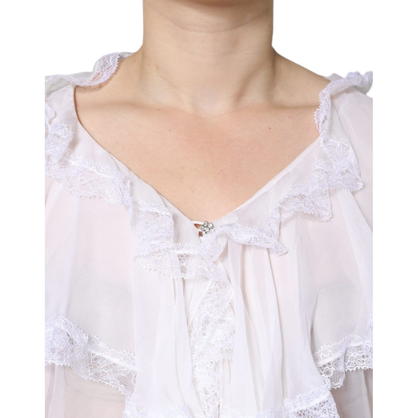Dolce & Gabbana White Ruffles Lace Long Sleeve Blouse Top TSH86561-44
