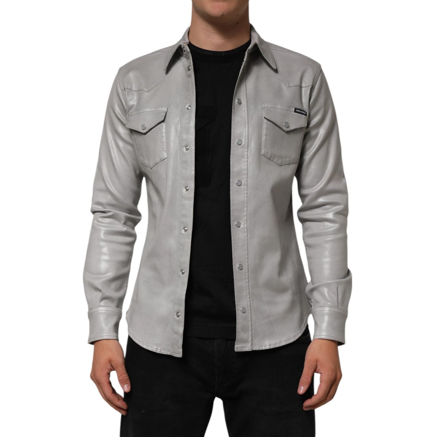 Dolce & Gabbana Gray Coated Cotton Snap Button Logo Men Shirt TSH90789-40
