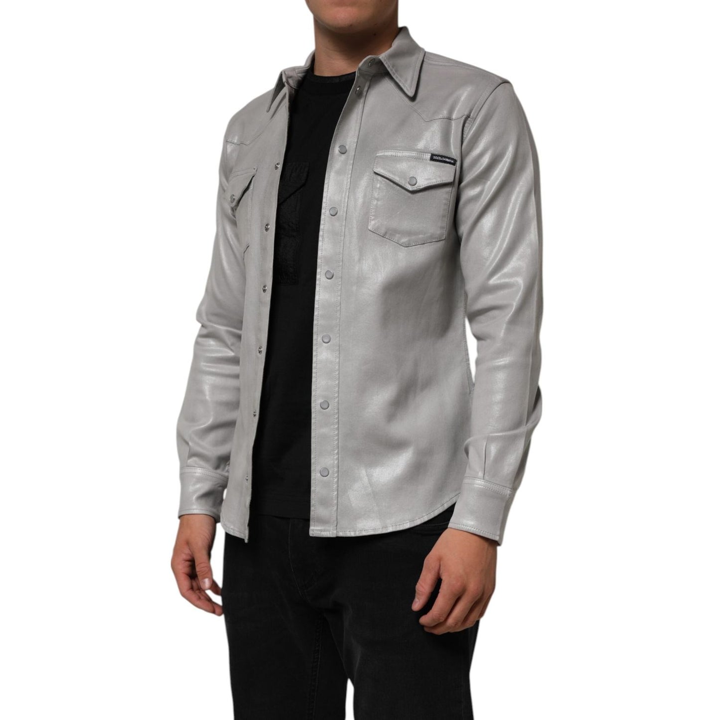 Dolce & Gabbana Gray Coated Cotton Snap Button Logo Men Shirt TSH90789-40
