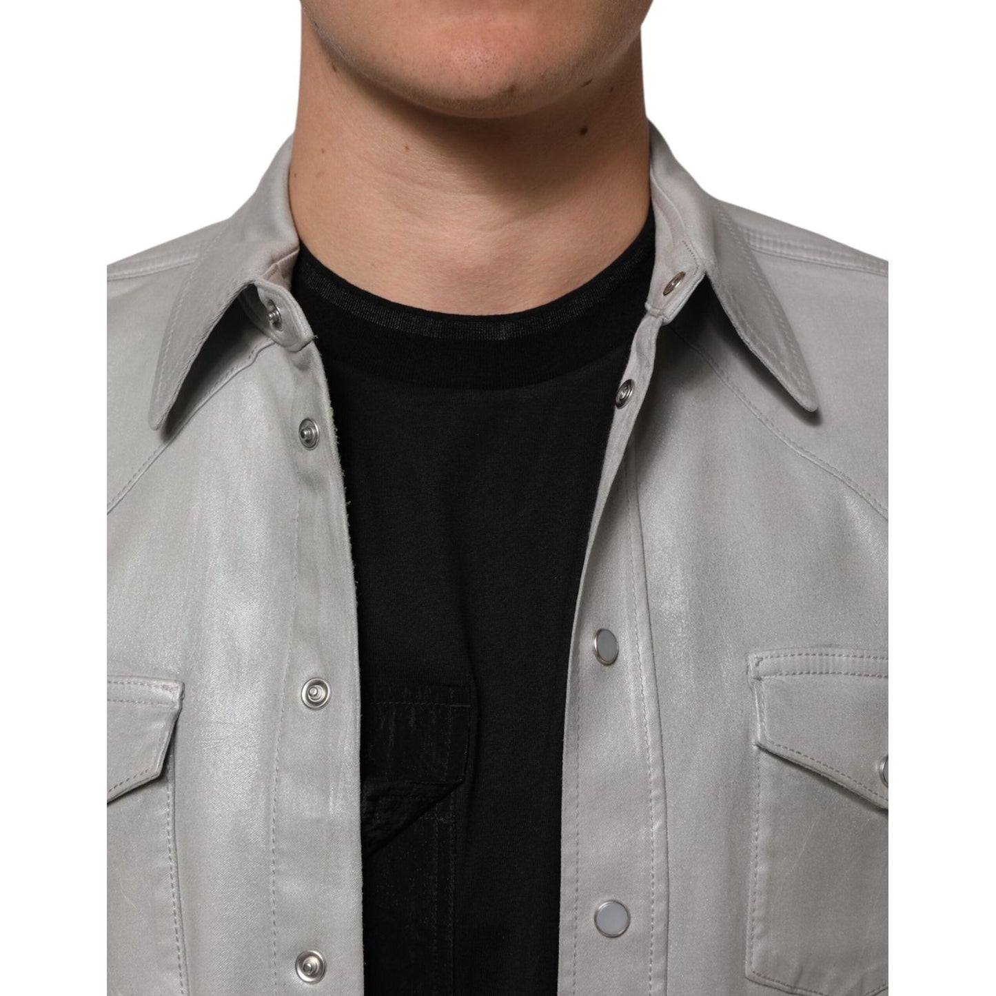 Dolce & Gabbana Gray Coated Cotton Snap Button Logo Men Shirt TSH90789-40
