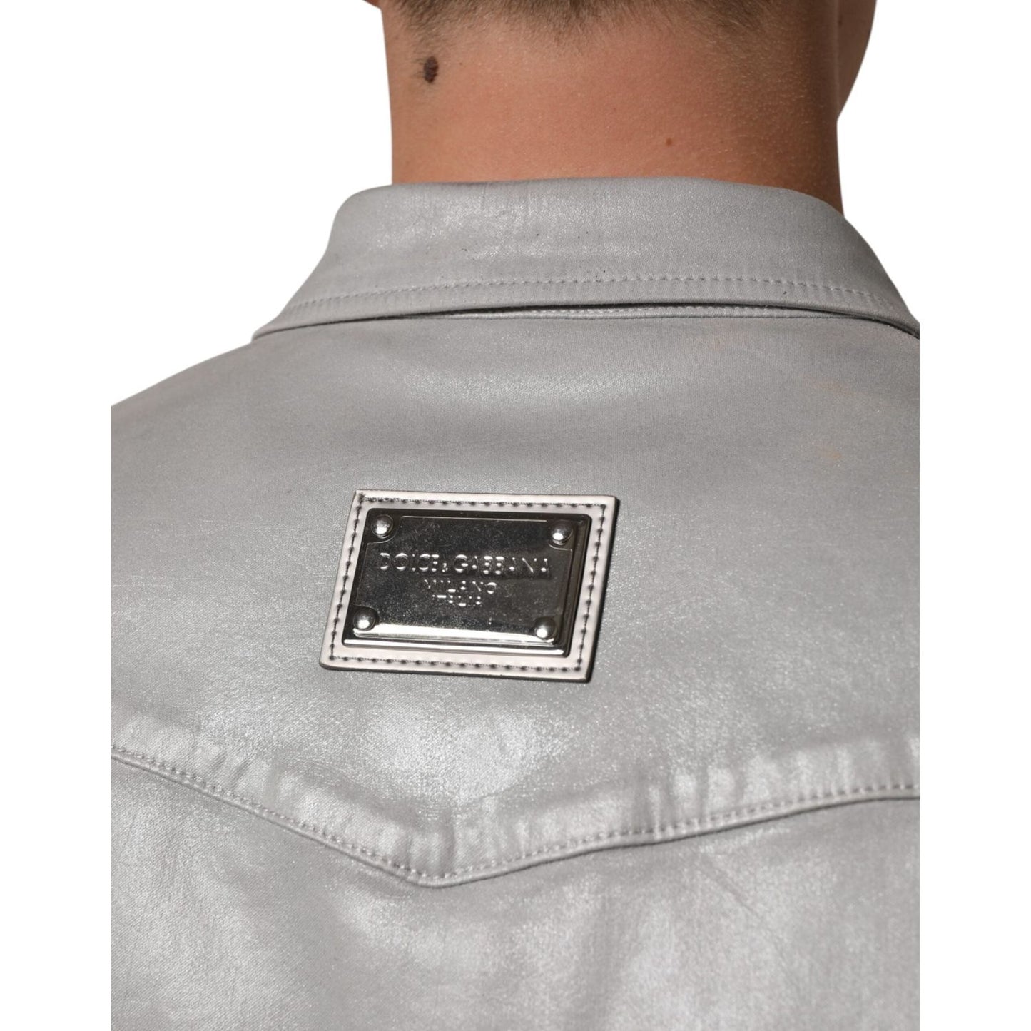 Dolce & Gabbana Gray Coated Cotton Snap Button Logo Men Shirt TSH90789-40