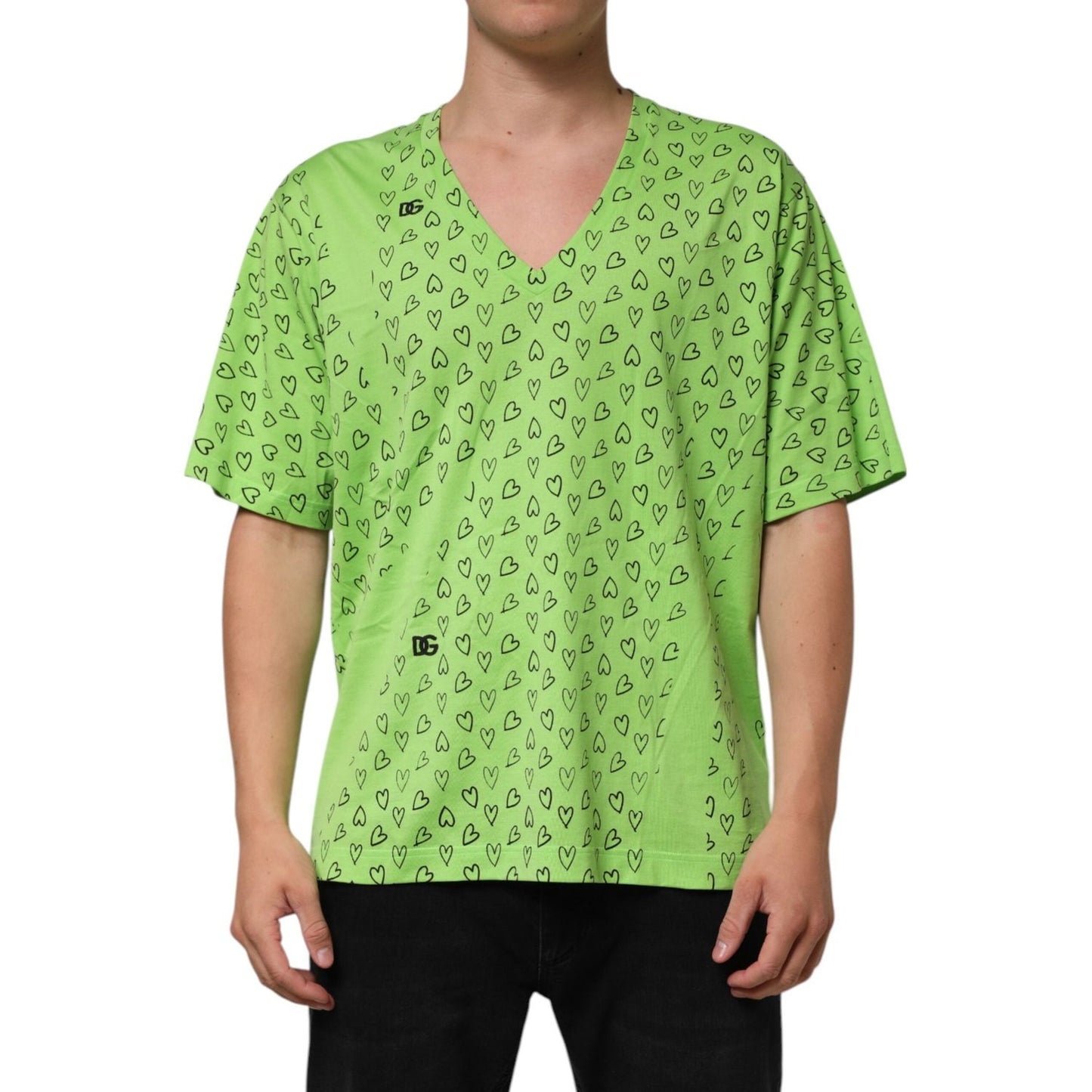Dolce & Gabbana Green V-Neck DG Logo Heart Print T-shirt TSH90340-52