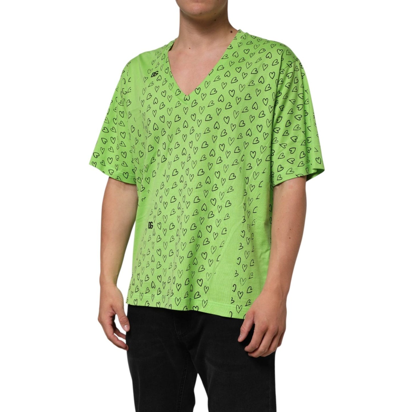 Dolce & Gabbana Green V-Neck DG Logo Heart Print T-shirt TSH90340-52