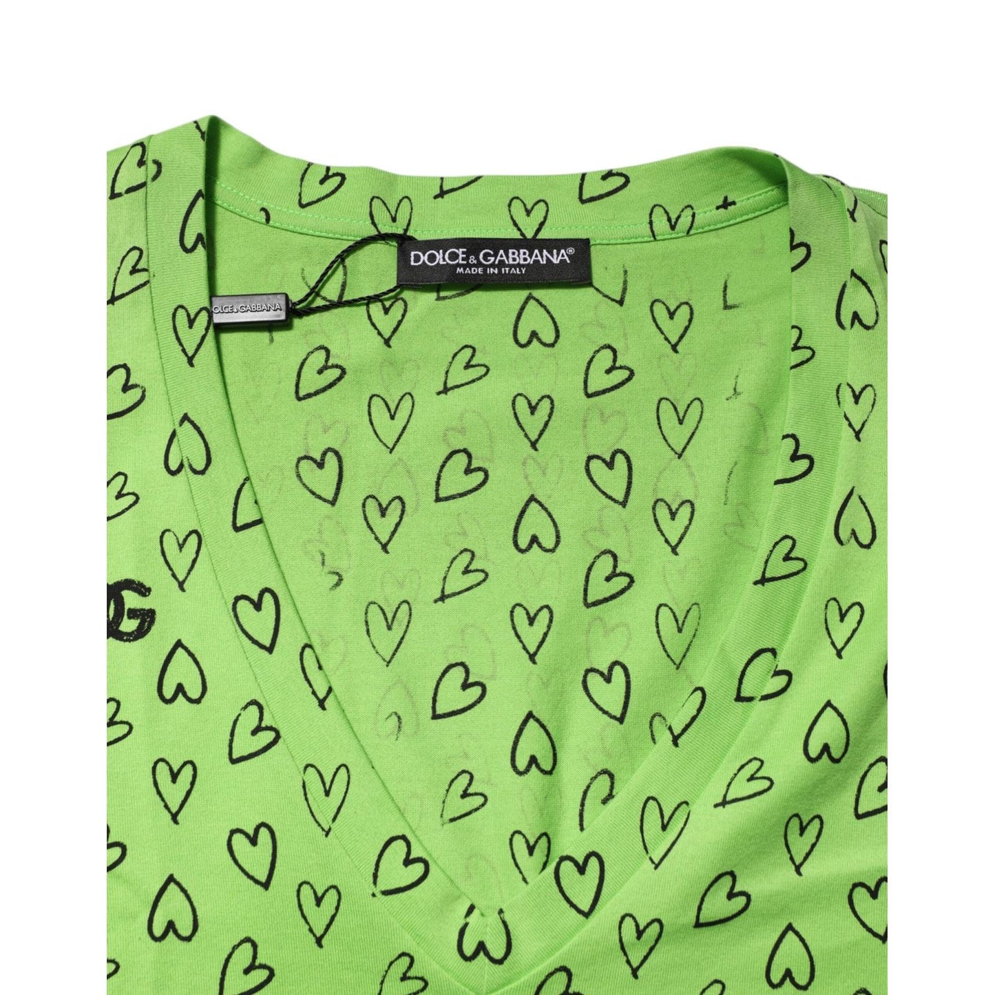 Dolce & Gabbana Green V-Neck DG Logo Heart Print T-shirt TSH90340-52