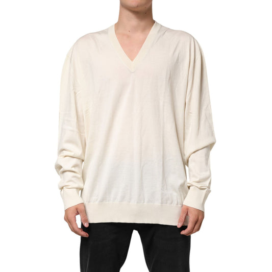 Dolce & Gabbana Ivory Virgin Wool Men V-Neck Knit Sweater TSH90550-60