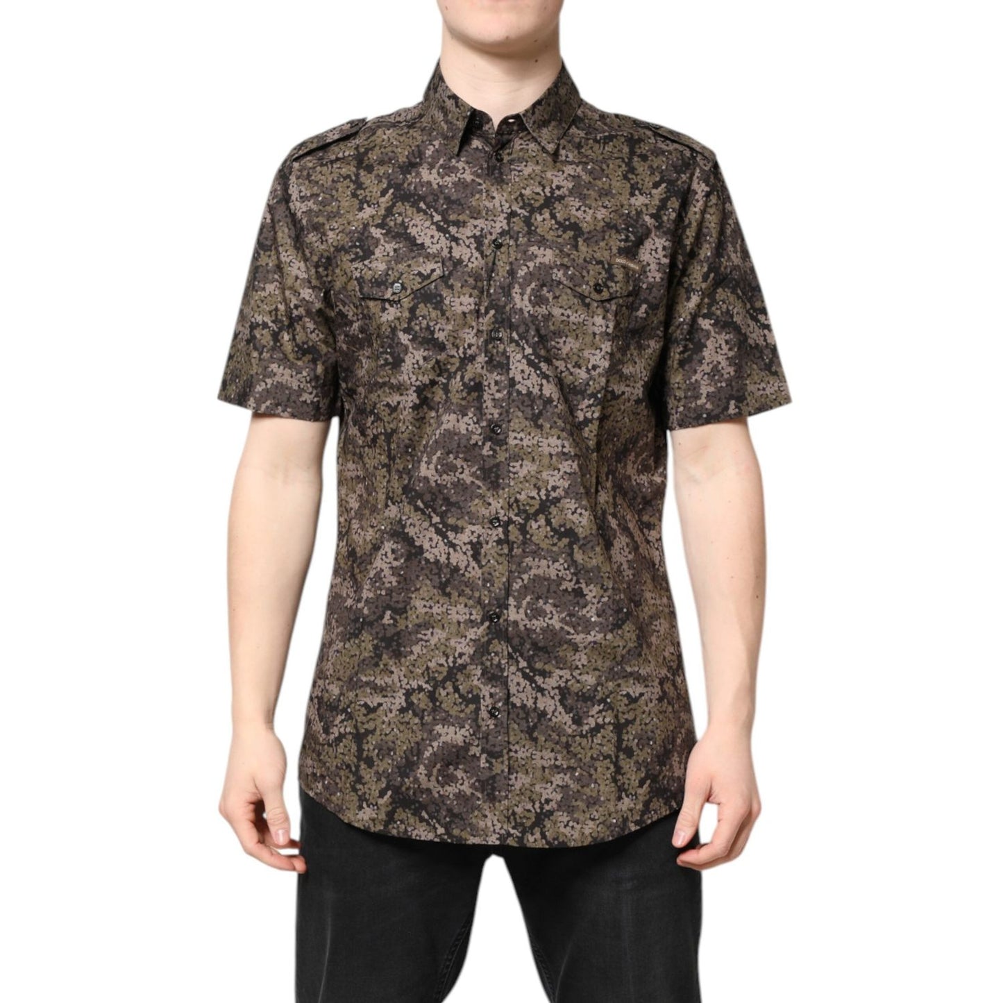 Dolce & Gabbana Multicolor Camouflage Button Down GOLD Shirt TSH90453-37