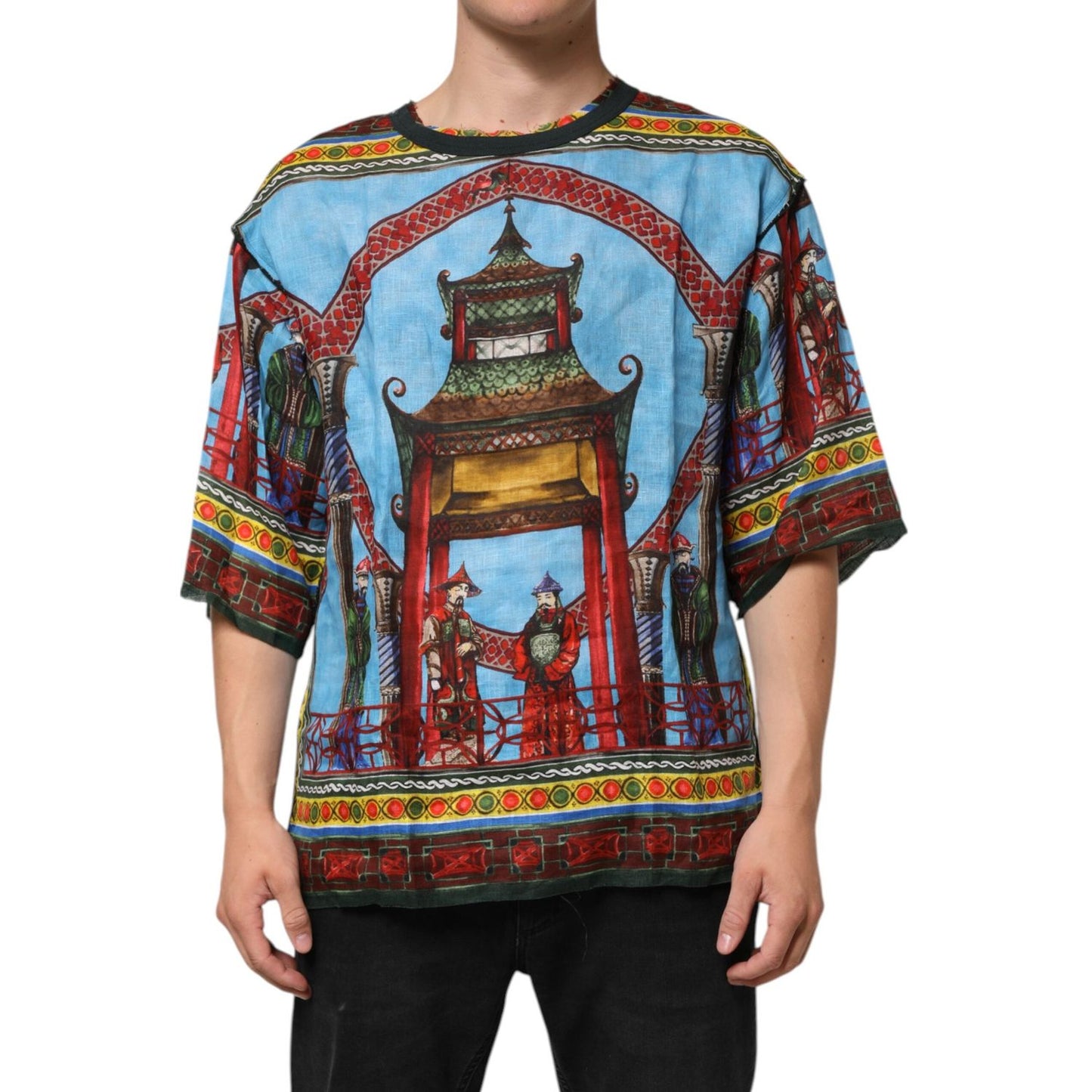 Dolce & Gabbana Multicolor Cotton Linen Temple Print T-shirt TSH91305-52