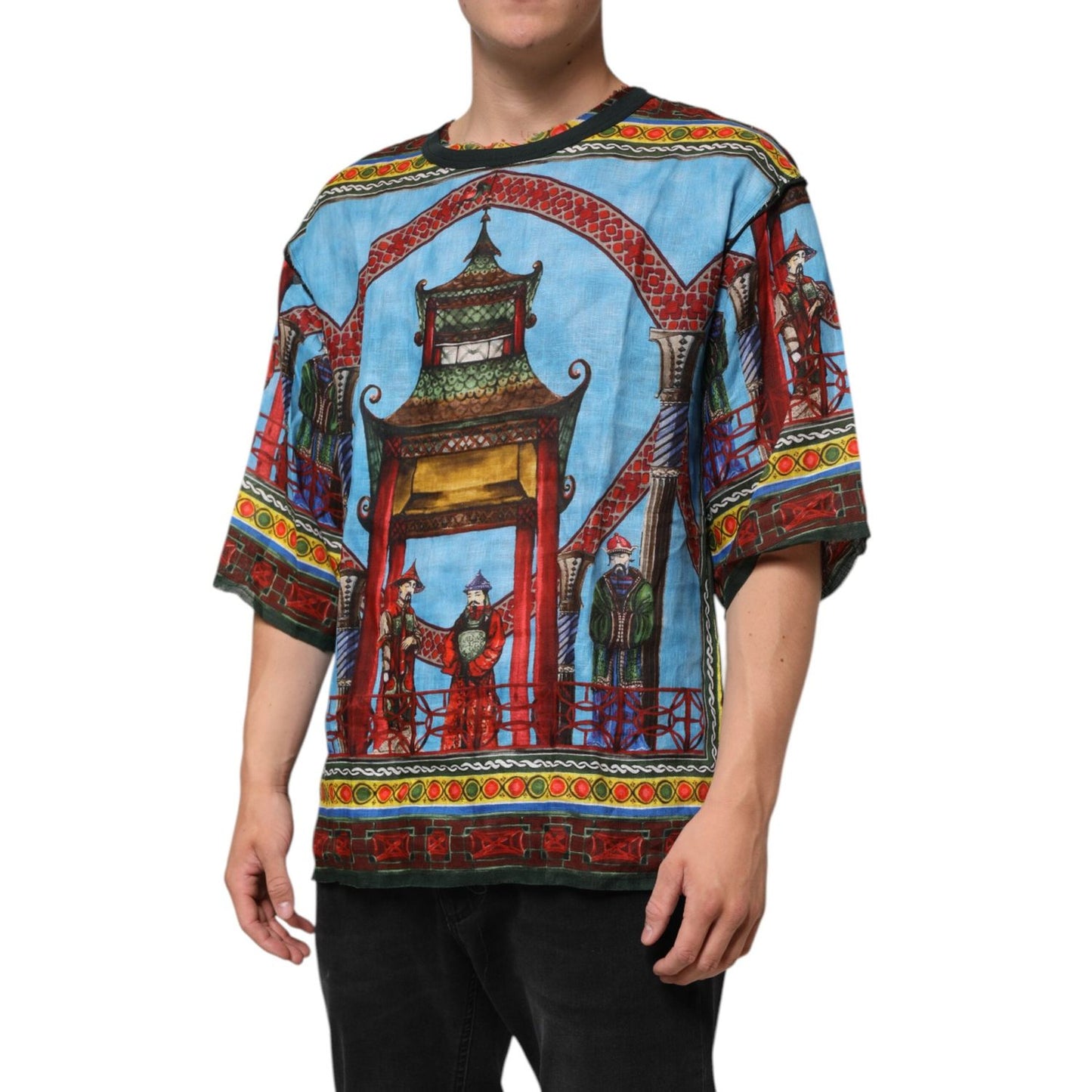 Dolce & Gabbana Multicolor Cotton Linen Temple Print T-shirt TSH91305-52