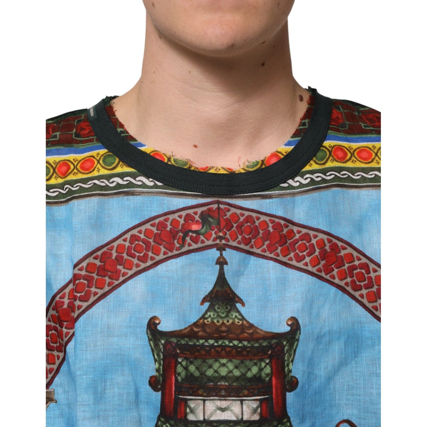 Dolce & Gabbana Multicolor Cotton Linen Temple Print T-shirt TSH91305-52