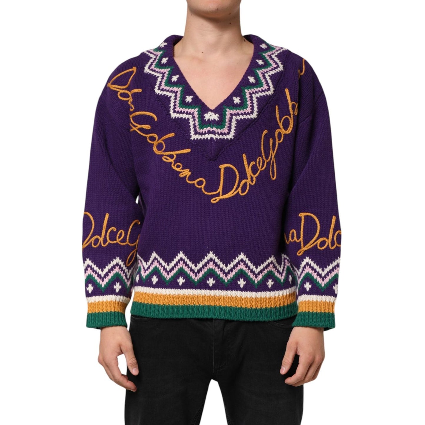 Dolce & Gabbana Purple Wool DG Logo Men Knit Pullover Sweater TSH90257-M