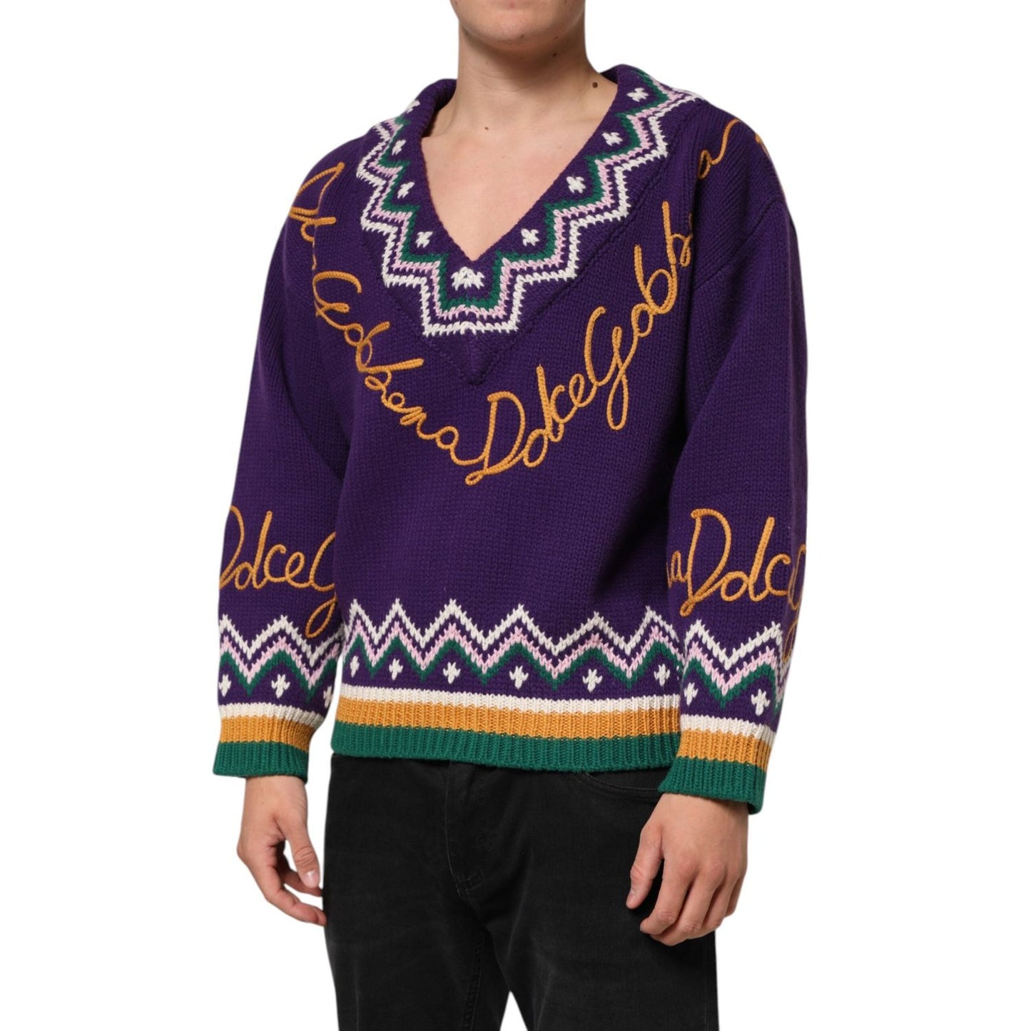 Dolce & Gabbana Purple Wool DG Logo Men Knit Pullover Sweater TSH90257-M
