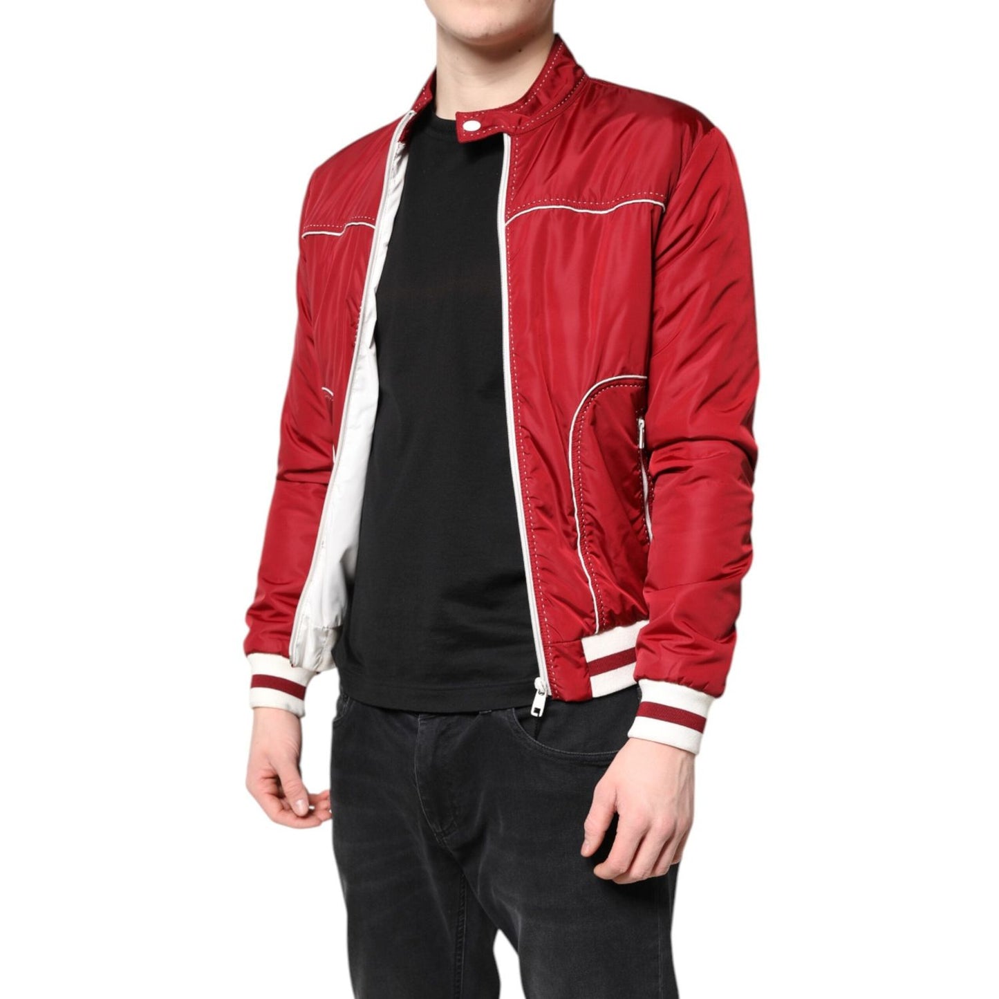 Dolce & Gabbana Red White Nylon Full Zip Men Bomber Jacket JKT4139-44