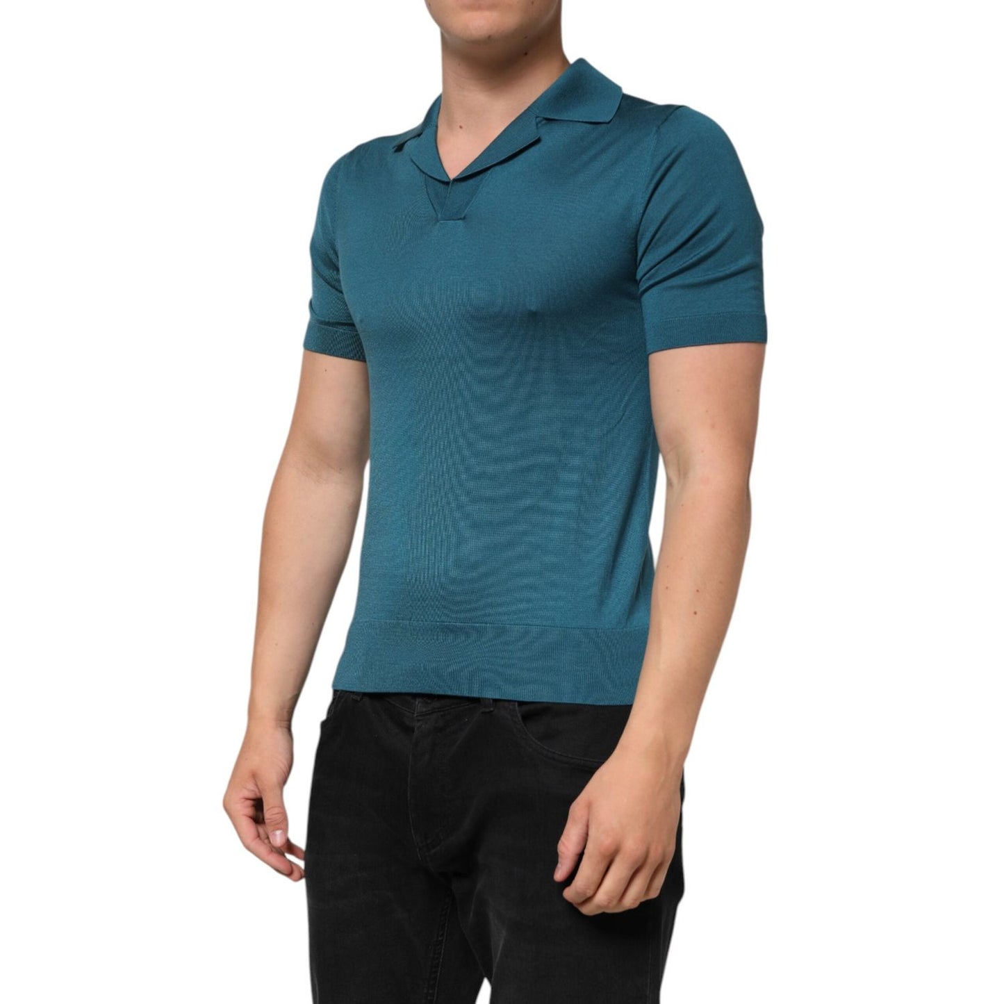 Dolce & Gabbana Teal Blue Silk Collar Short Sleeve Polo T-shirt TSH91071-46