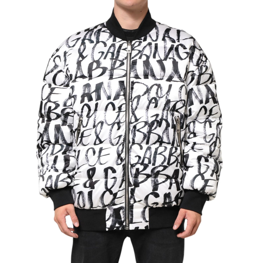 Dolce & Gabbana White Black Graffiti Logo Puffer Bomber Jacket JKT41522-L