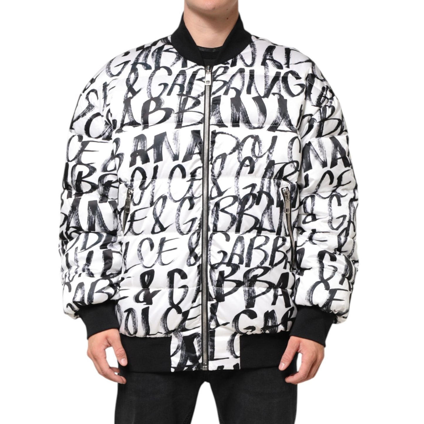 Dolce & Gabbana White Black Graffiti Logo Puffer Bomber Jacket JKT41522-L