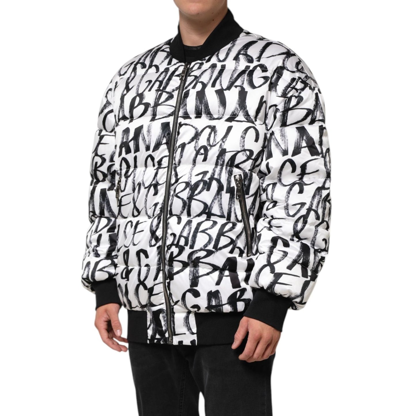 Dolce & Gabbana White Black Graffiti Logo Puffer Bomber Jacket JKT41522-L