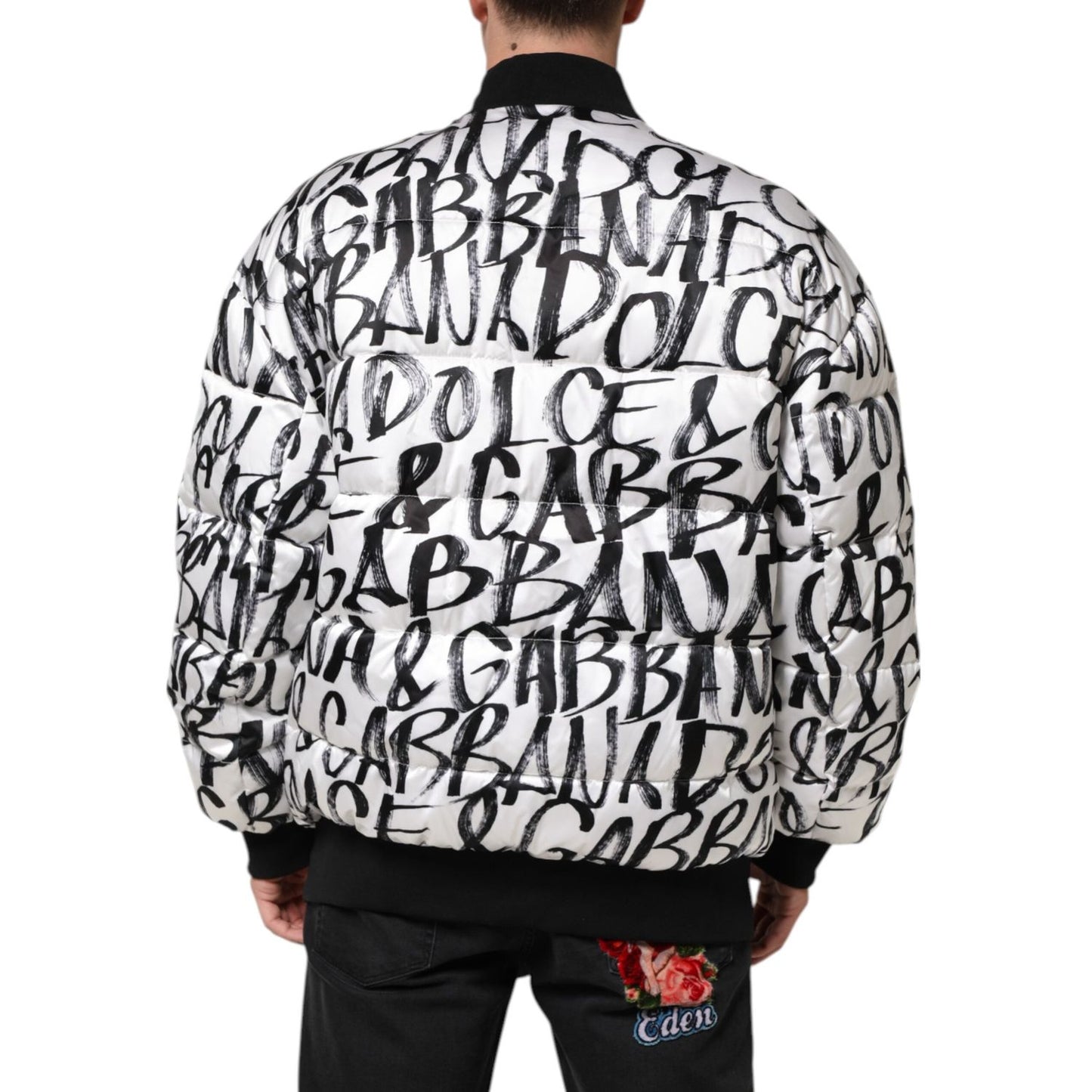 Dolce & Gabbana White Black Graffiti Logo Puffer Bomber Jacket JKT41522-L