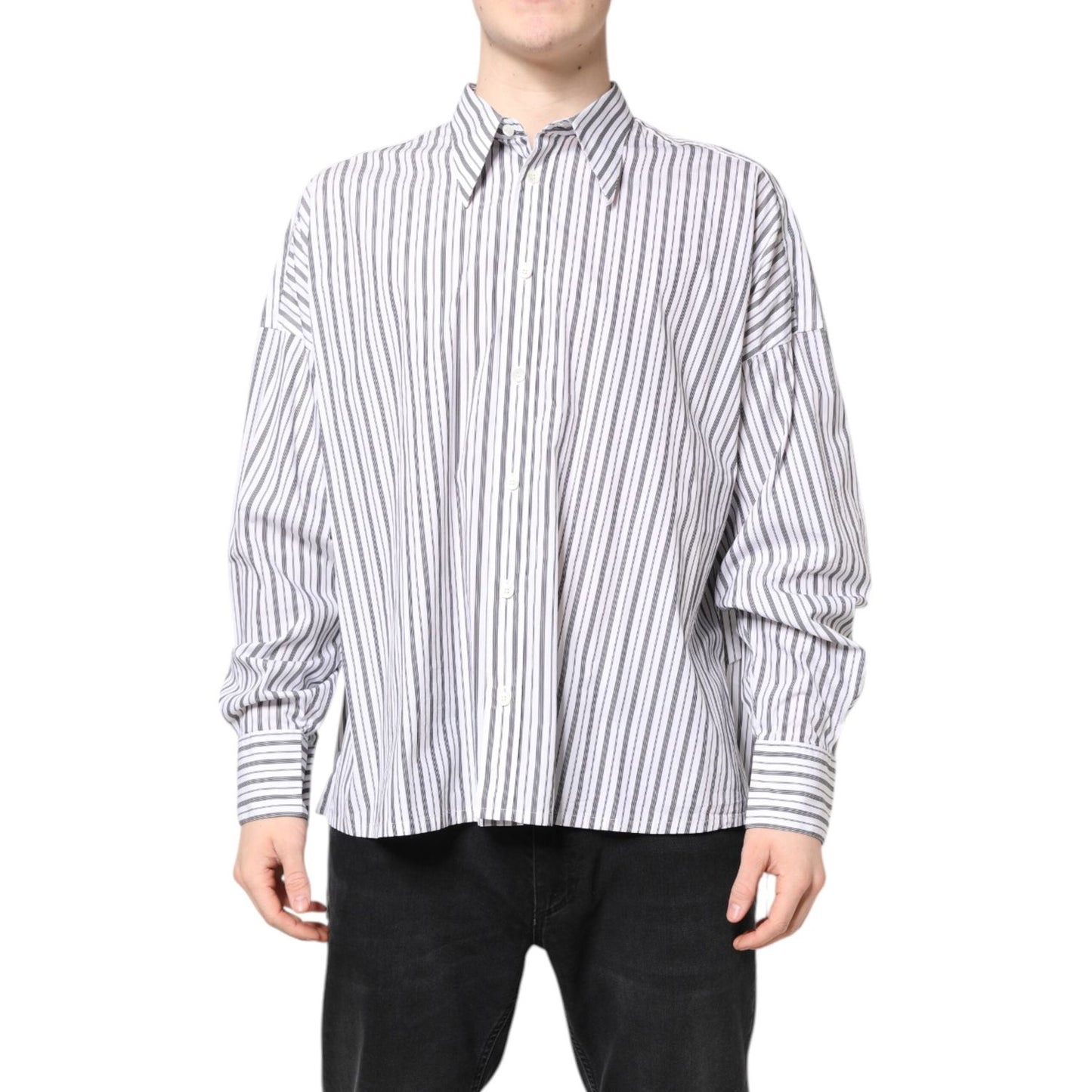 Dolce & Gabbana White Black Stripe Button Down Casual Shirt TSH87838-40