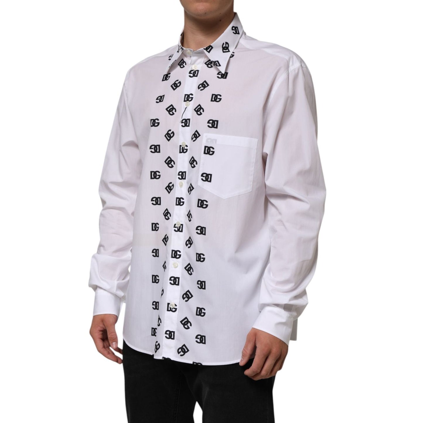 Dolce & Gabbana White Cotton Black DG Logo Long Sleeve Shirt TSH90809-45