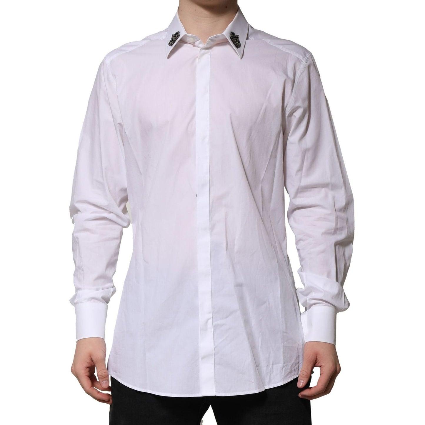 Dolce & Gabbana White Cotton Crown Collar GOLD Formal Shirt TSH91347-42