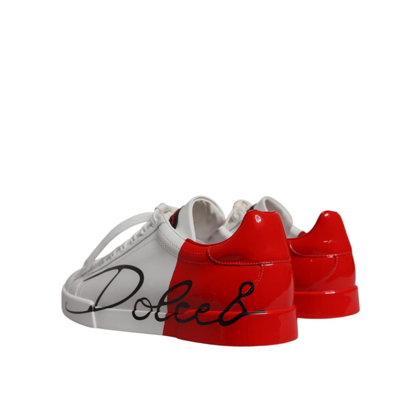 Dolce & Gabbana White Red Portofino Low Top Men Sneakers Shoes with leather and rubber details, stylish from behind view.