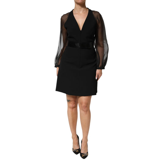 Emporio Armani Black Sheer Sleeve Belted V-Neck Mini Dress