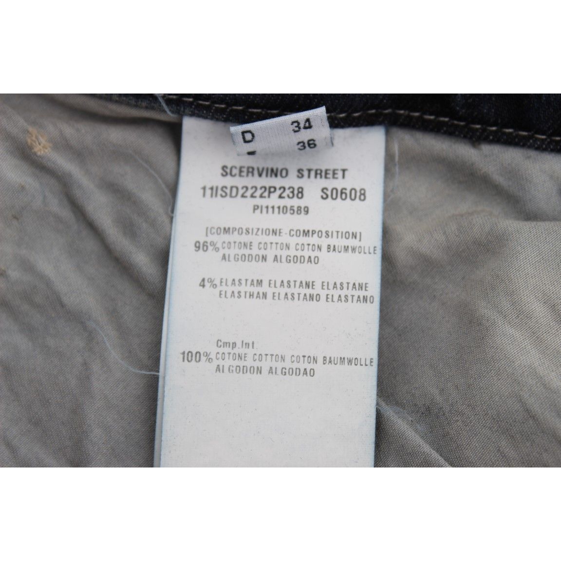 Label on Ermanno Scervino Blue Cotton Blend Slim Fit Jeans detailing fabric composition.