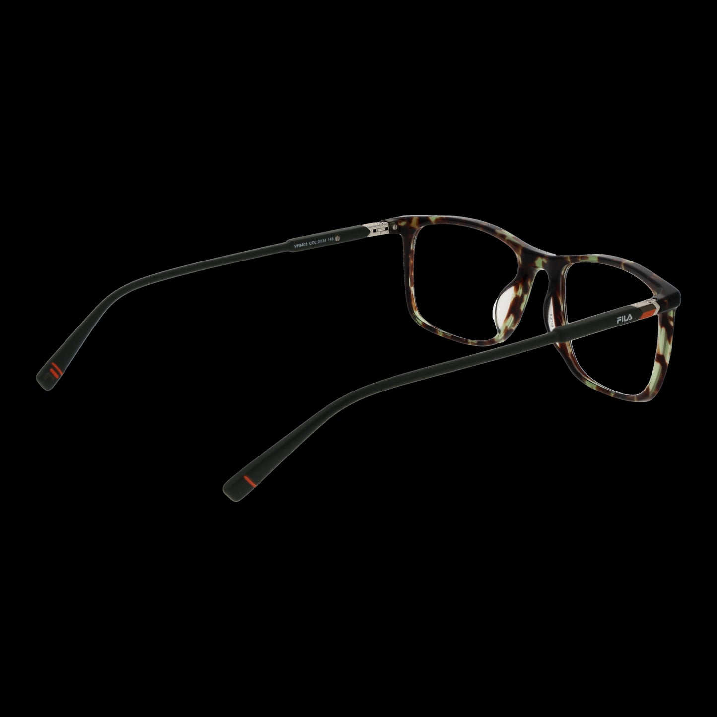 Stylish FILA MOD. VF9403 530V34 gent's eyeglasses in tortoiseshell frame showcasing side profile on a black background.