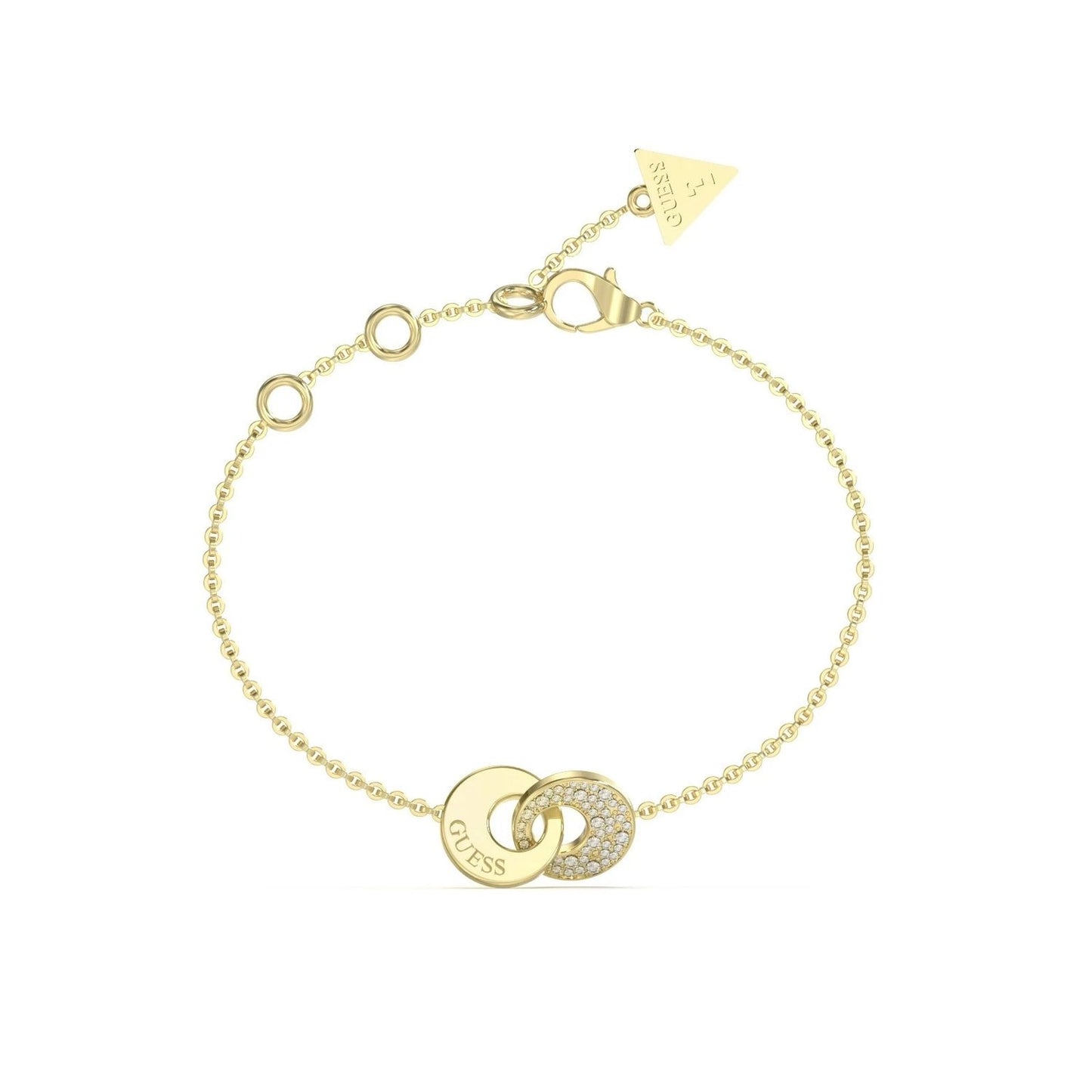 Golden bracelet GUESS JEWELS JEWELRY Mod. JUBB05220JWYGS with circular charms and a triangular pendant, elegant and stylish design.