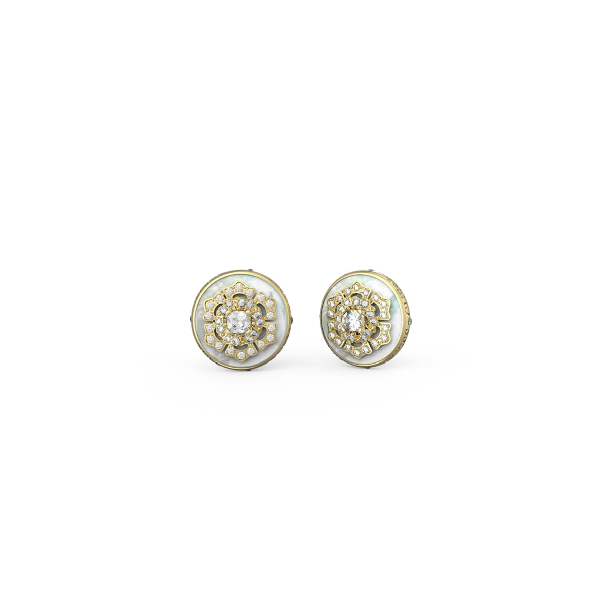 GUESS JEWELS JEWELRY Mod. JUBE04551JWYGT-U stylish earrings with intricate design on display