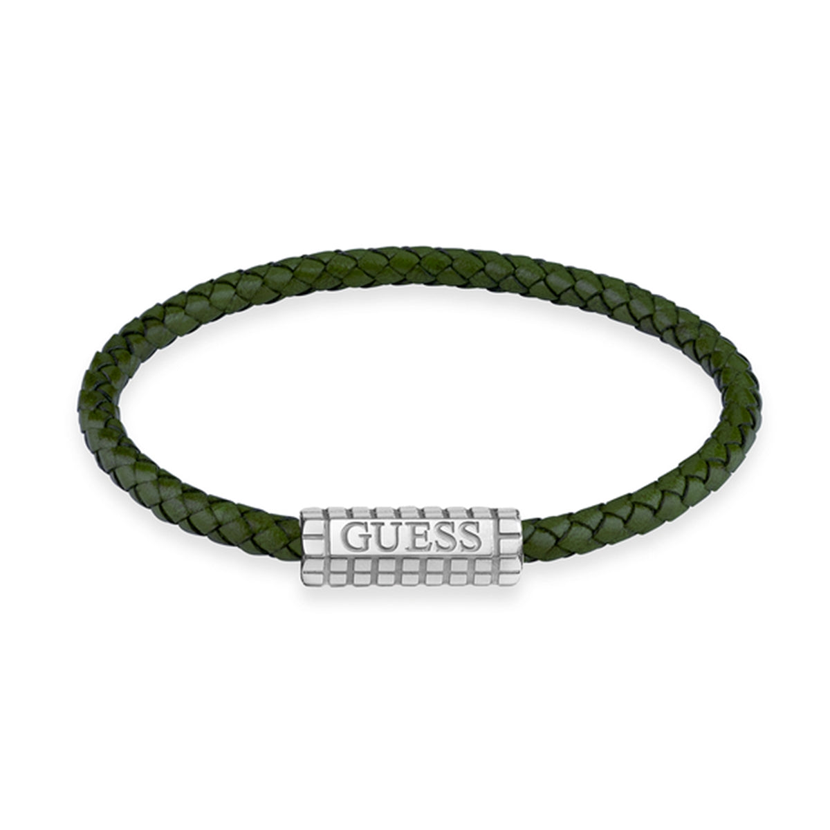 GUESS JEWELS JEWELRY Mod. JUMB05035JWSTDGS green braided bracelet with silver accent.