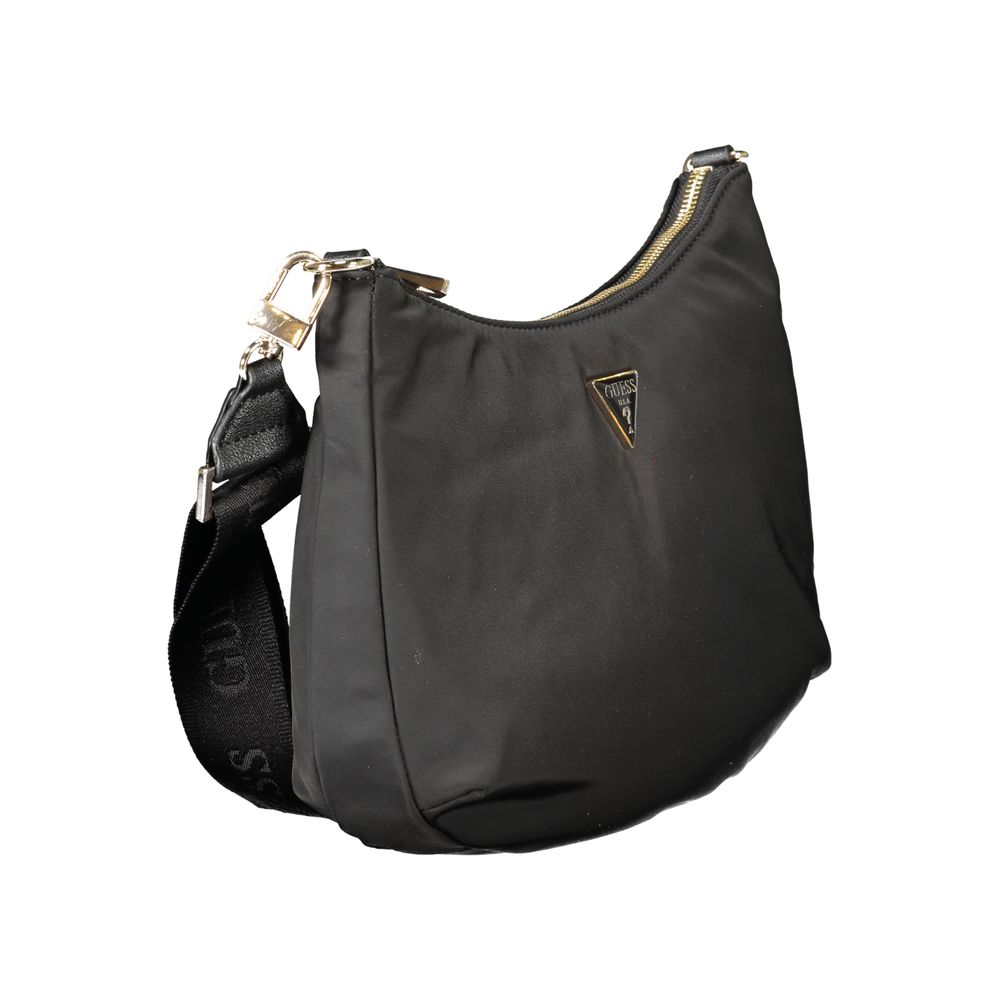 Alt Tag: Guess Jeans Black Polyester Handbag with adjustable strap, internal pocket, eco-friendly design, and zip closure