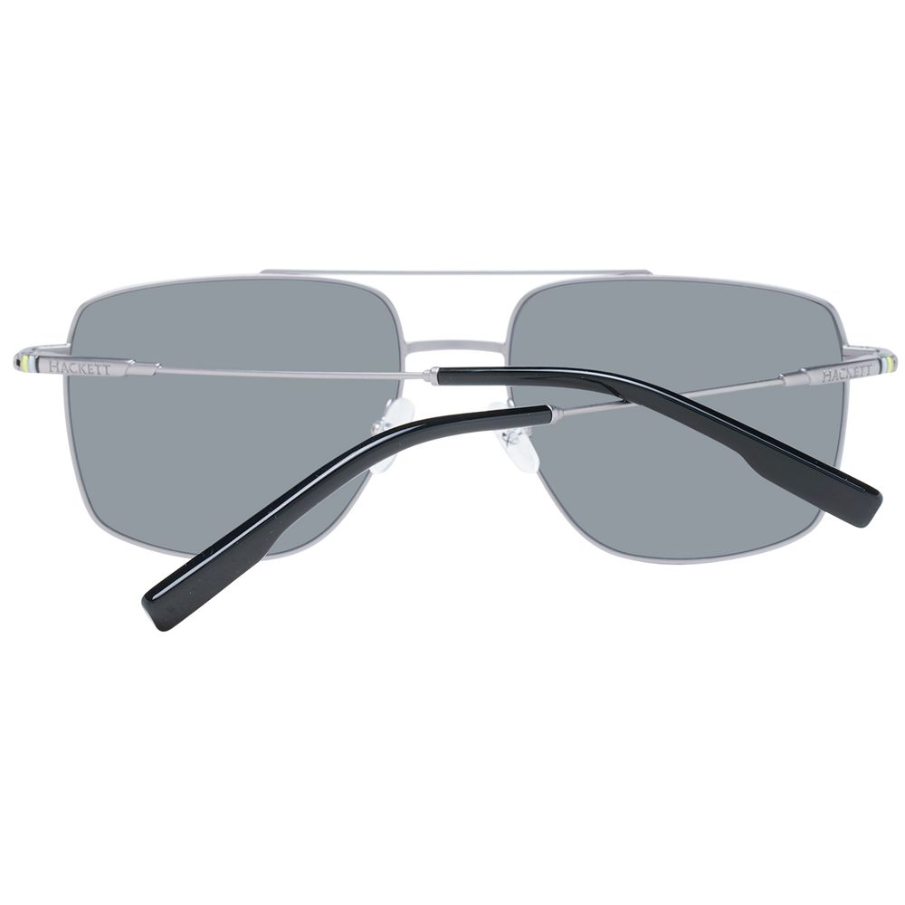 Hackett Gray Metal Sunglasses in grey full-rim trapezium style with polarized grey lenses. 100% UVA & UVB protection. Frame size 55-17-145.