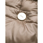 Close-up of Herno Coats Dove Grey button on Maria midi down jacket.