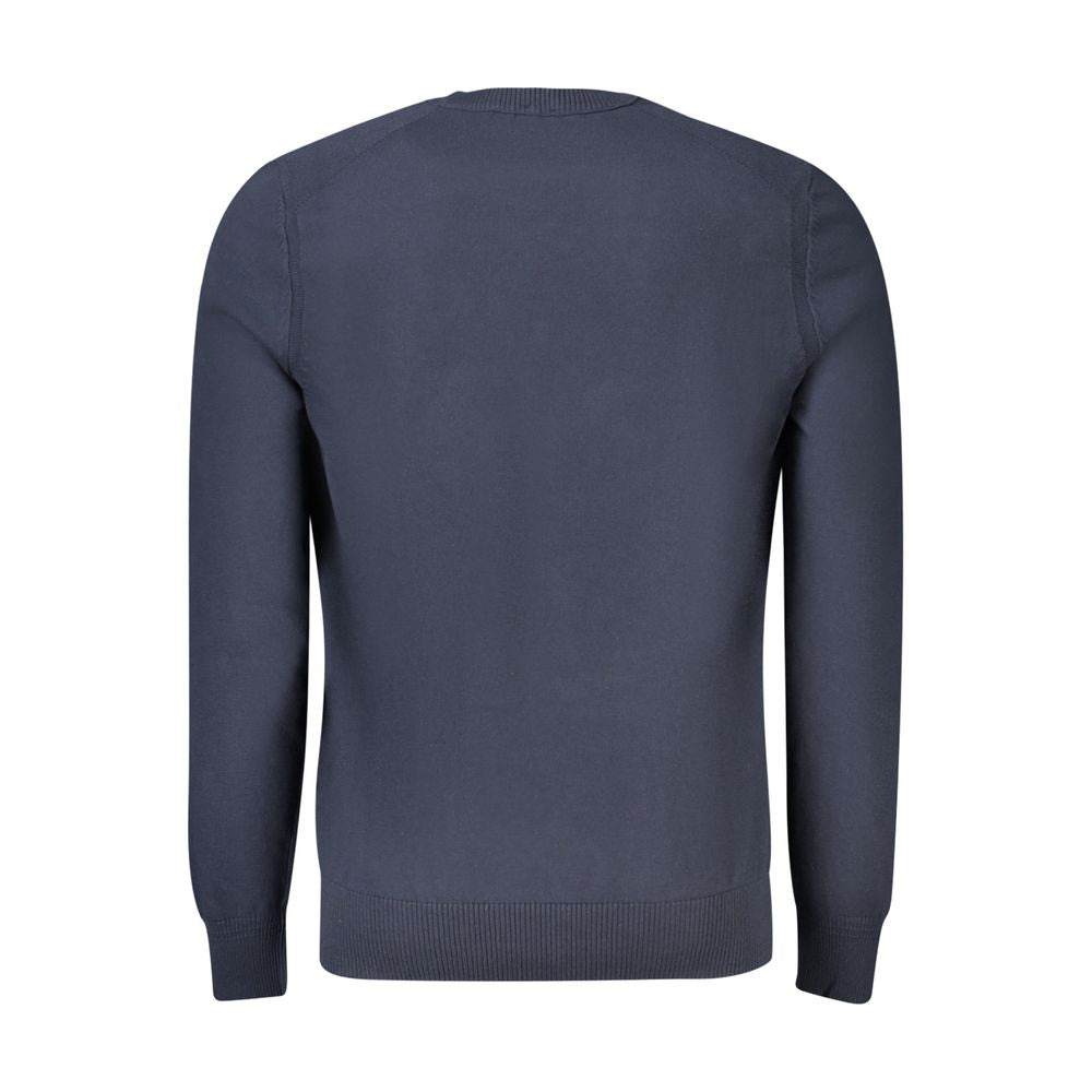 Back view of Hugo Boss Blue Cotton Sweater with long sleeves and crew neck, featuring embroidery and logo design.