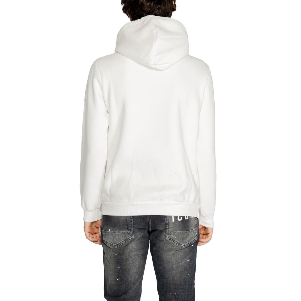 Back view of man wearing Icon White Cotton Hoodie, showcasing premium cotton blend fabric with hood and casual fit.