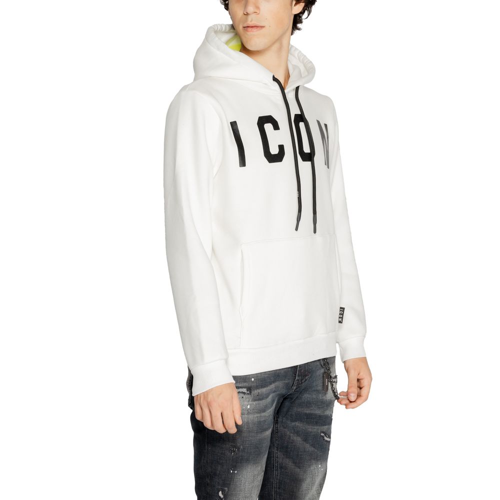 Icon White Cotton Hoodie with large logo and front pocket, perfect for cool days, shown on male model.